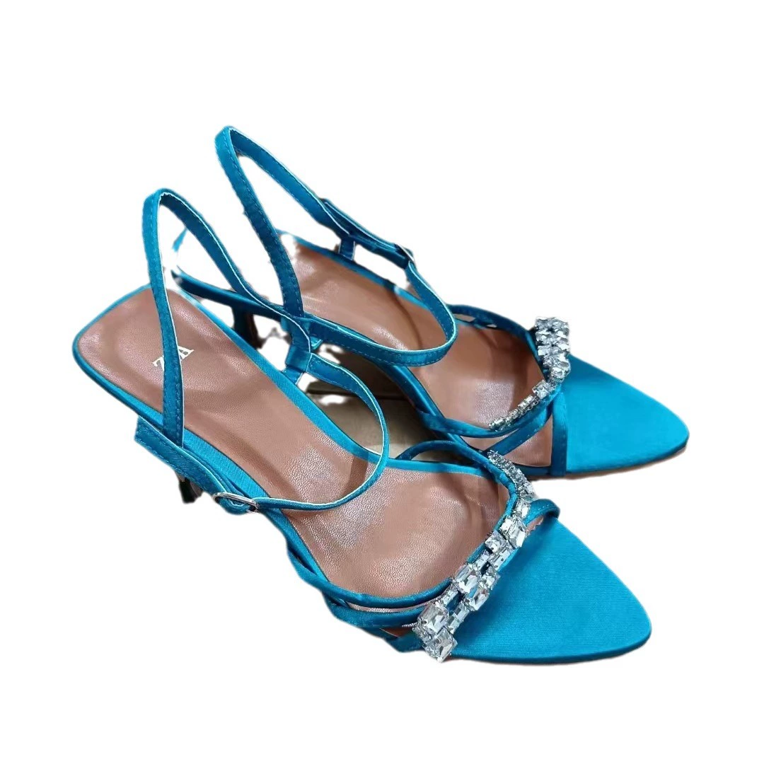 Летние слова 2024 года ZA в виде pointed sandals синего цвета с кристаллами на яркой ленте, обувь на шпильке с открытым носком, тонкая каблук, женские сабо