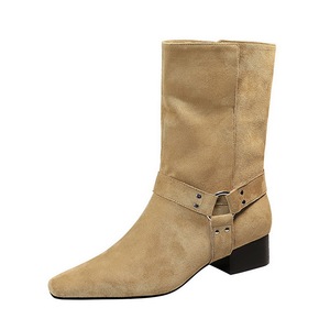 9625-2 Retro Western style Boots Fashion Short Boots Square Head Belt Buckle Middle Heel Thick Heel Suede Single Boots M