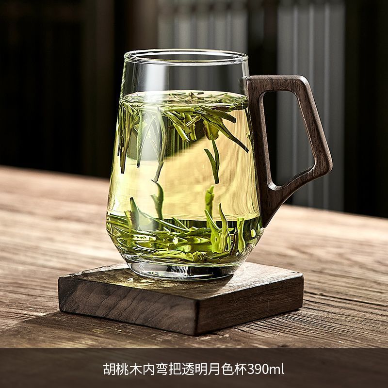 [나무 손잡이 내부 곡선] 투명 역입 찻잔 390ML