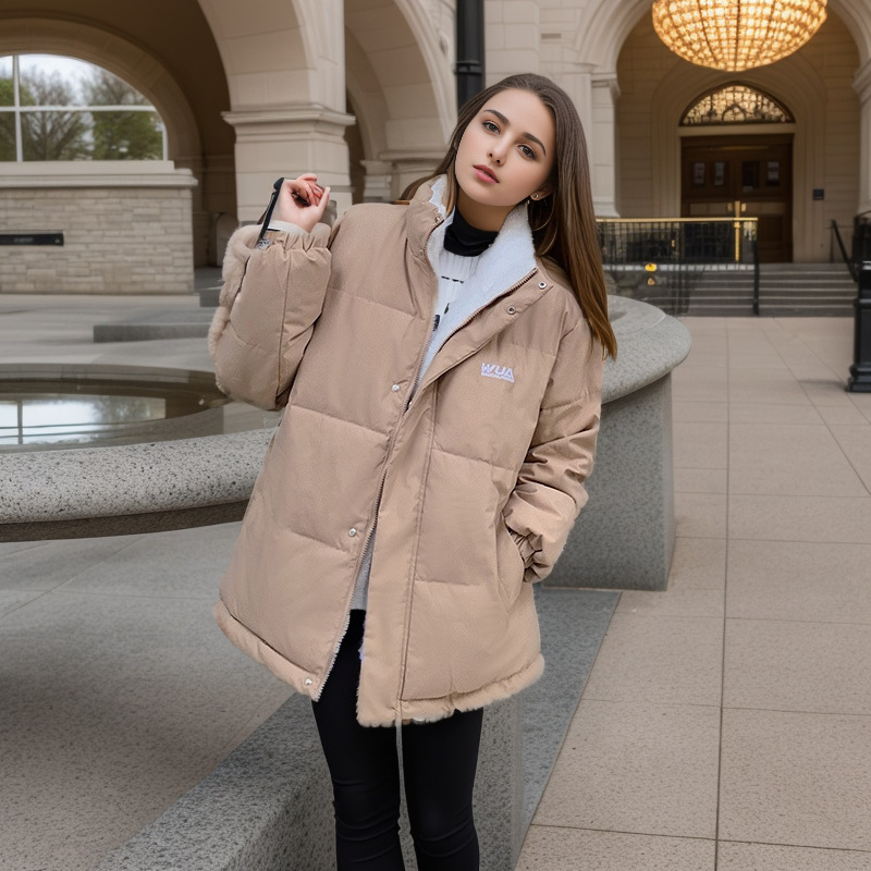 Women's cotton-padded jacket short front and back stand collar plus cashmere lamb wool warm coat._voghion.com