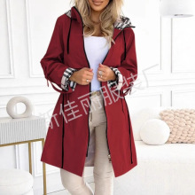 2025新款现货跨境外贸欧美女装秋冬款格子印花休闲长款风衣外套女