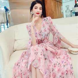 时尚可订温柔风甜美碎花裙夏装2026年新款女系带荷叶边雪纺连衣裙