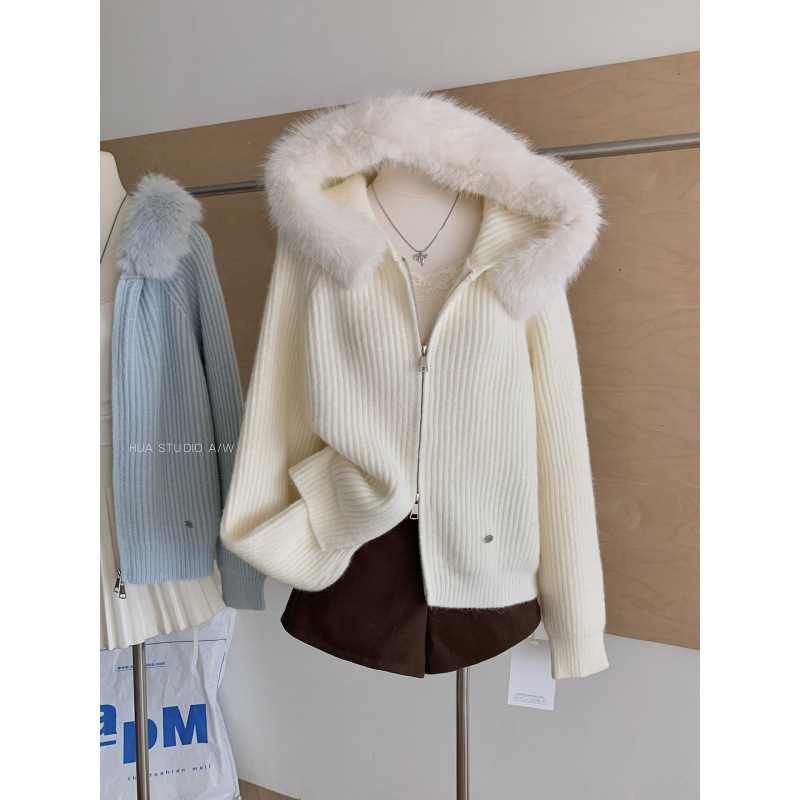 Nai Fu Tatar Pure Desire Large Fur Collar Hooded Loose Sweater Jacket Soft Knitted Top