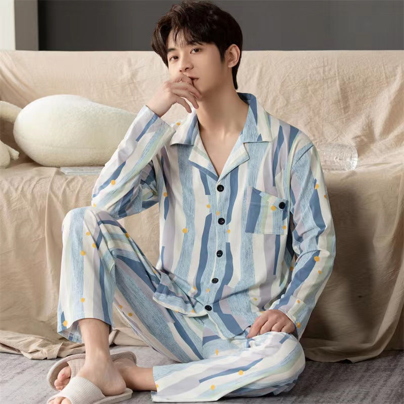 Pijamas de algodón de los hombres de primavera y verano Pantalones delgados de manga corta cardigan niños pueden usar fuera más tamaño homewear de verano