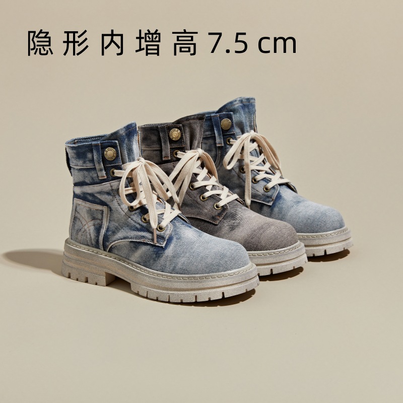 Inner Height-Increasing Denim Martin Boots for Women 2024 Summer New Thick-Soled Boots Short Boots Retro Western Canvas Cowboy Boots