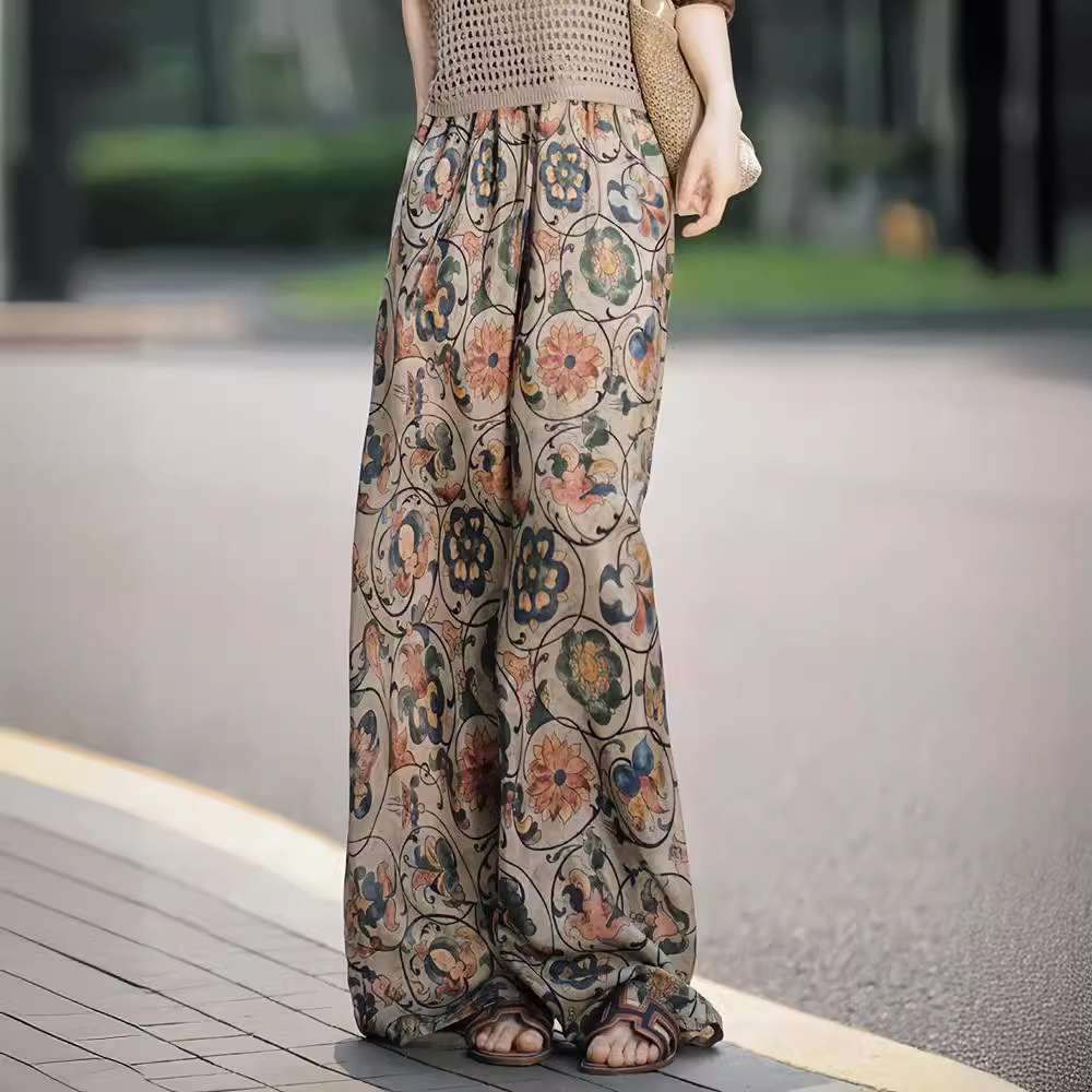 Quần ống rộng lụa băng in hoa cạp cao dáng suông mùa hè — Màu hoa