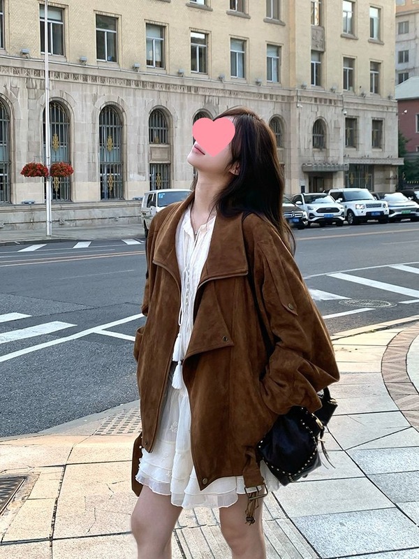 麂皮绒机车外套秋季复古美拉德休闲宽松慵懒翻领廓形感夹克女|undefined