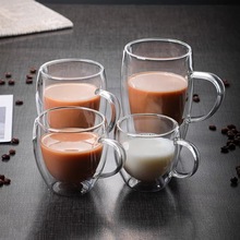 带把手双层蛋形玻璃杯家用牛奶早餐杯带柄防烫玻璃水杯隔热咖啡杯