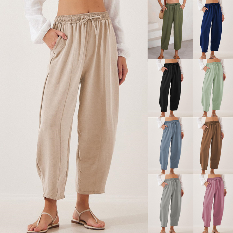 2025 European and American Cross-border Amazon Women's Summer High Waist Loose Vacation Casual Drawstring Pocket Capri Pants