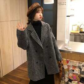 2022秋冬新款韩版宽松大码女装宽松加厚格子西装呢子大衣外套女