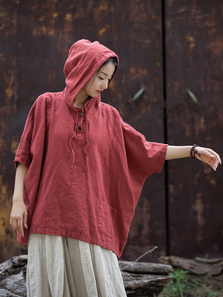 25秋冬綿麻婦人服新作念百秀紡麻綿砂洗いボタン付きフード付き日焼け止め半袖Tシャツ