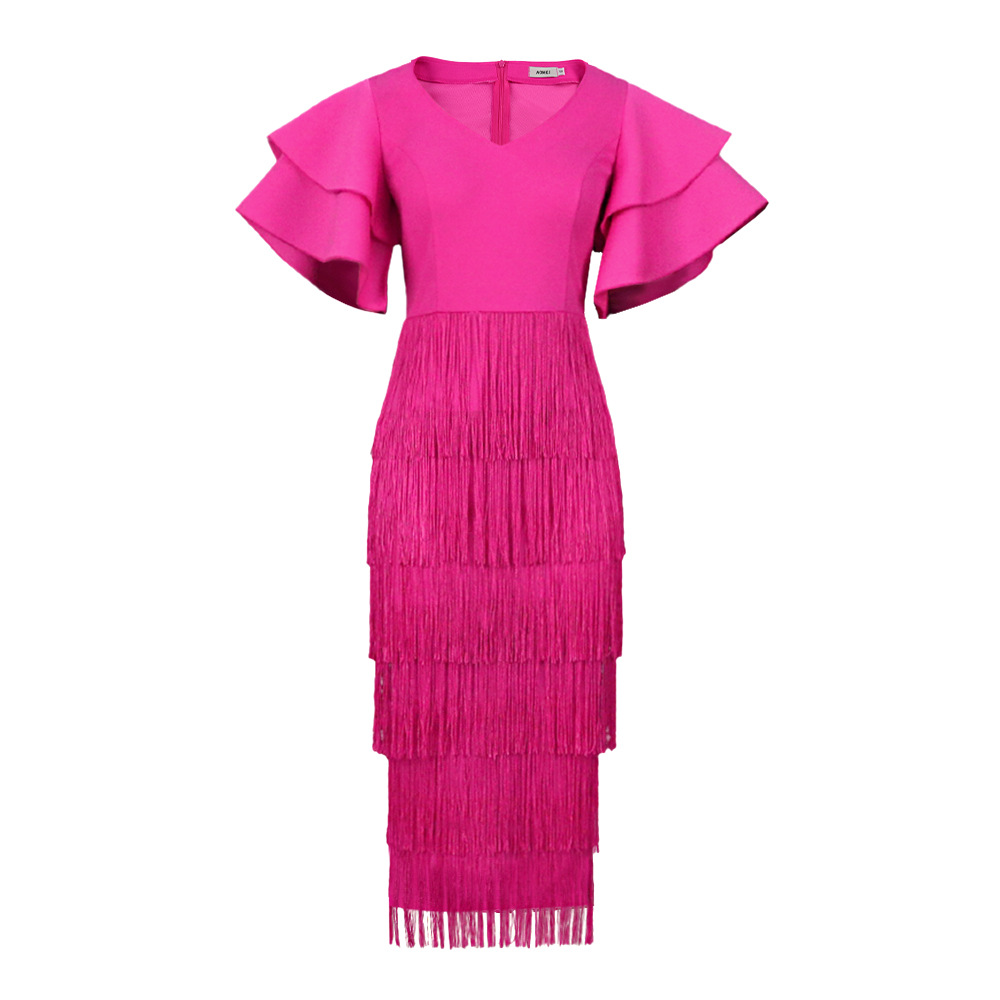 Women's Clothing Rose Red Tassel Skirt Ruffle Sleeve Sexy V Neck Large Size 4XL Dress Party Dress_voghion.com
