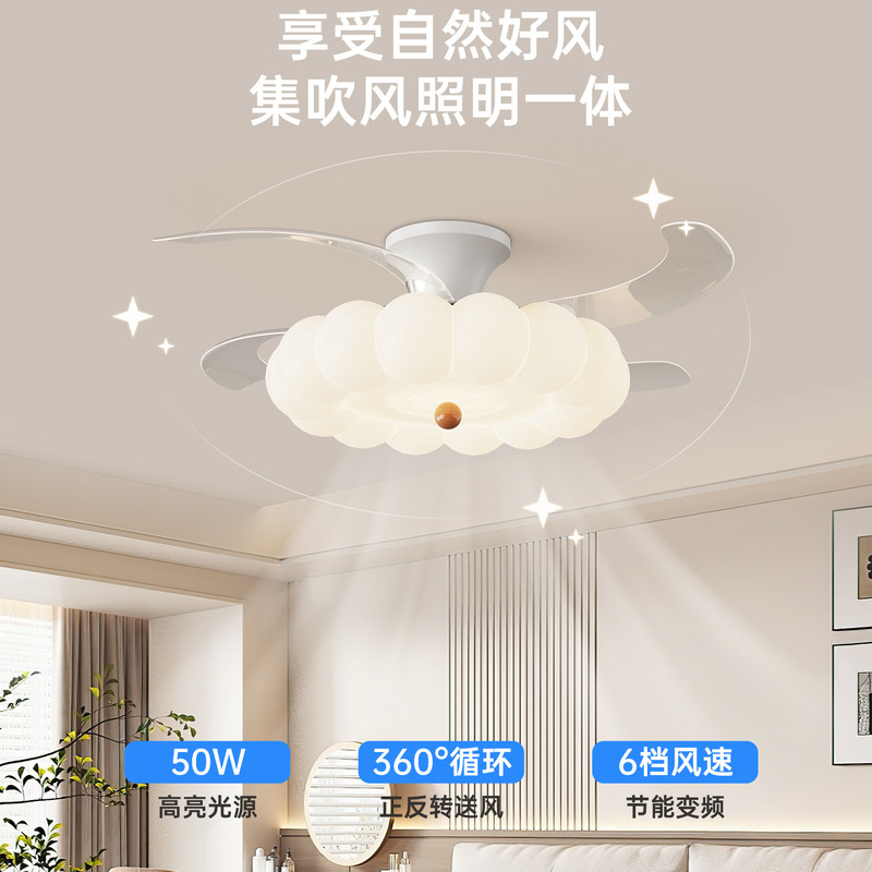 奶油风隐形风扇灯卧室南瓜餐厅吊扇灯家用护眼变频静音吸顶风扇灯|undefined