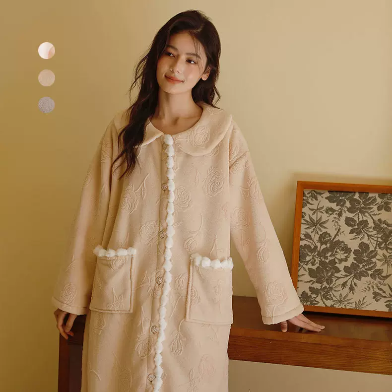 秋冬款加厚牛奶绒羊羔绒复合绒玫瑰提花中长款睡裙家居服可外穿