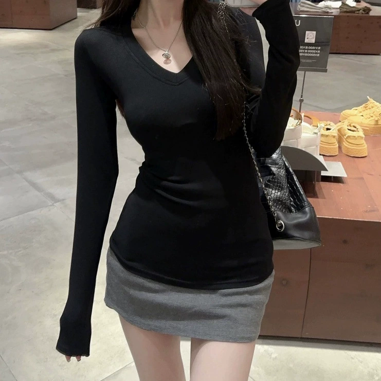 Чистый черный воротник с длинными рукавами, рубашка с положительным плечом, женская осенняя новая тонкая талия, тонкая и горячая девушка топ