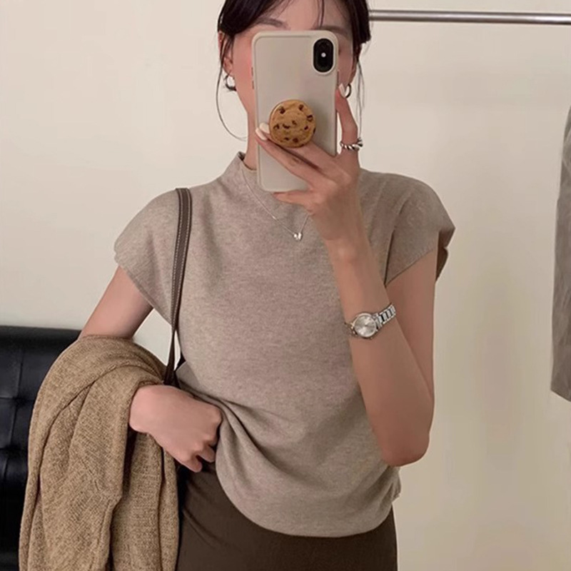 French-Style Half-High Collar Short-Sleeve Women's T-Shirt, Early Autumn Regular Shoulder Slim-Fit Pullover Knit Top, Short Sweater