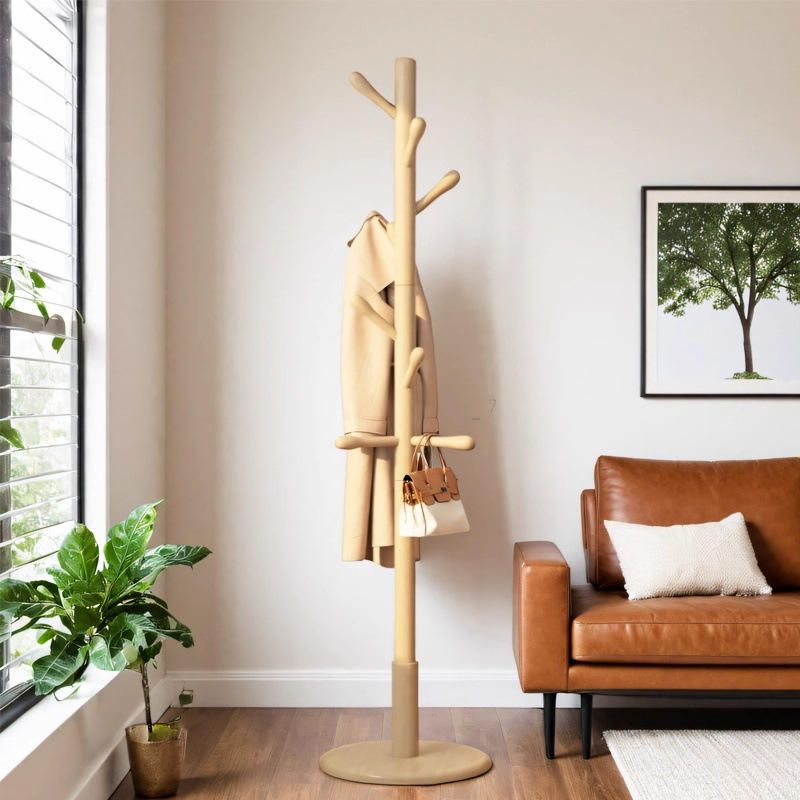 Solid Wood Style Clothes Rack, Floor-Standing Coat Rack, Bedroom Household Clothes Hanger, Simple Vertical Beech Wood Hanger for College Dormitories