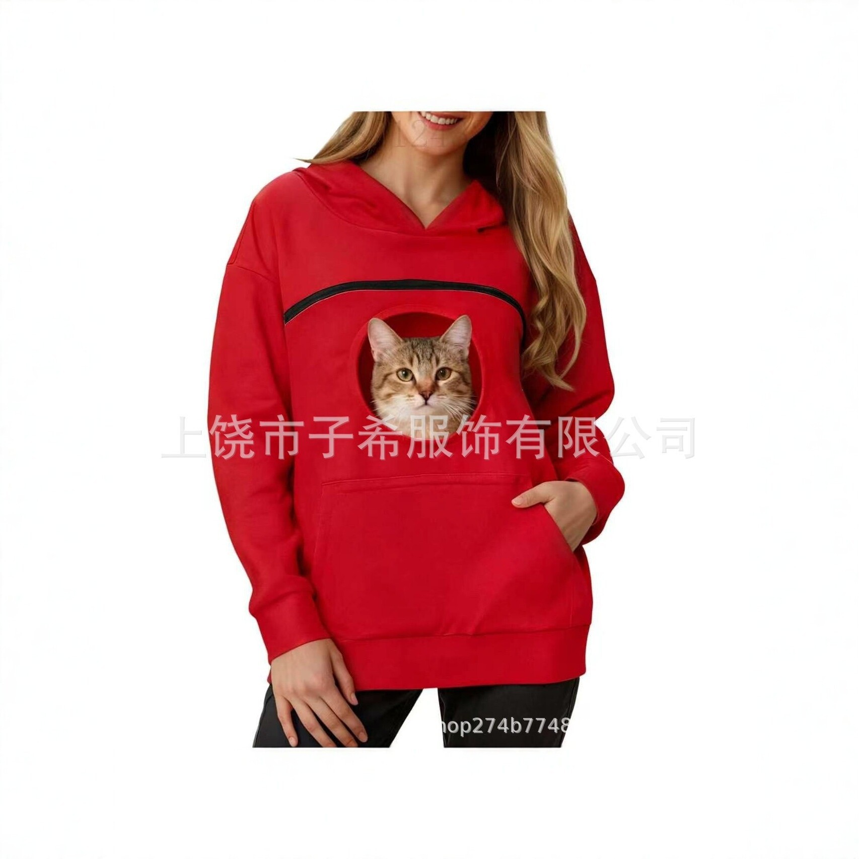 2026跨境宠物口袋连帽卫衣女士撸猫服可装猫袋鼠兜中长款休闲宽松女装实拍产品高清图