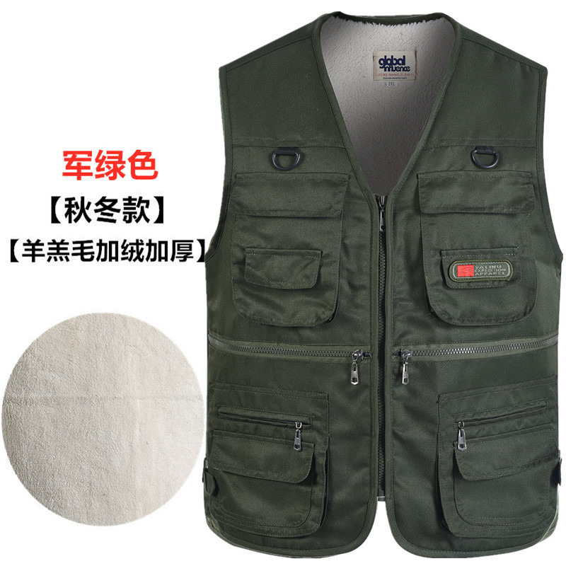 Primavera y otoño Four Seasons chaleco Chaleco de los hombres de mediana edad y ancianos papá al por mayor de los hombres multi-Bolsillo de ocio al aire libre Ejército Verde