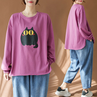 Real Shot in stock plus size Women's chubby girl Double Yarn 100 Cotton Self Drawing Retro Split Loose Top