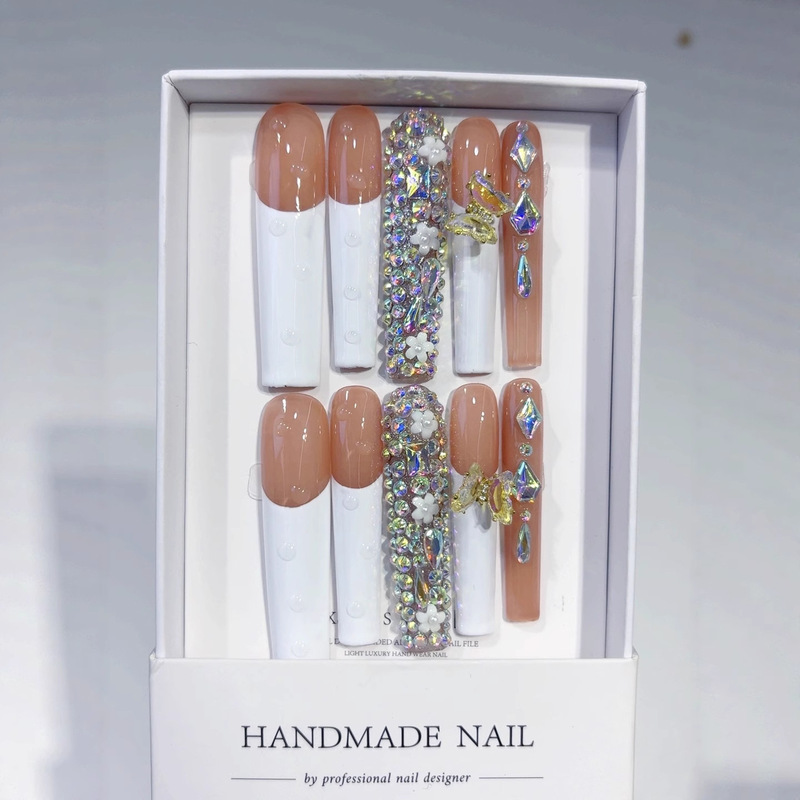 European and American Long Water Pipe Manicure, Smart Butterfly French Full Diamond Handmade Wearable Nails, Press-On Fake Nails Wholesale