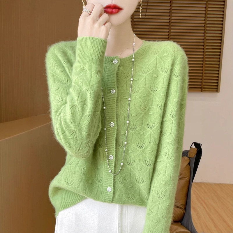 First-Line Ready-To-Wear 100% Pure Wool Jacquard Cut Out Cardigan for Women in Autumn and Winter, Slimming Look, Warm and Non-Piercing Seamless Sweater