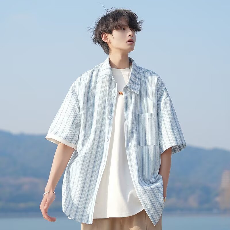 Korean Men's Plus Size Tops, Stripesd Short-Sleeved Shirts, Fashionable and Versatile Shirts, Jackets, Oversize T-Shirts, Trendy