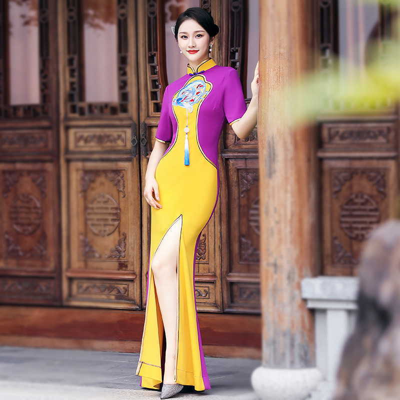 Yellow violet cheongsam Chinese  Dresses cheongsam oriental Qipao young new high-end atmospheric wind Chinese morality dress shows host performance