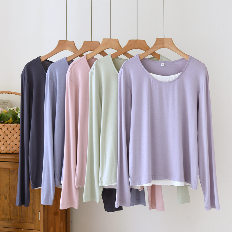 Color-Blocked Faux Two-Piece High-Elastic Round-Neck Modal Sleepwear Women's Long-Sleeve Top Loose Yoga Wear Base Shirt Color-Blocked Faux Two-Piece High-Elastic Round-Neck Modal Sleepwear Women's Long-Sleeve Top Loose Yoga Wear Base Shirt