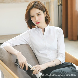 舒范竹纤维V领七分袖白衬衫女半袖新款职业正装中袖女士衬衣批发
