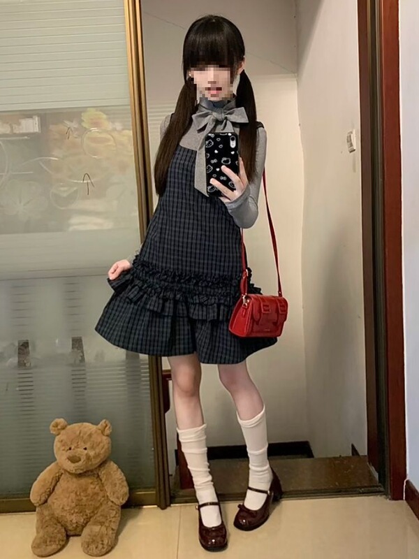 少女心事 秋装新款日系古早vintage设计蝴蝶结上衣格纹连衣裙套装|undefined