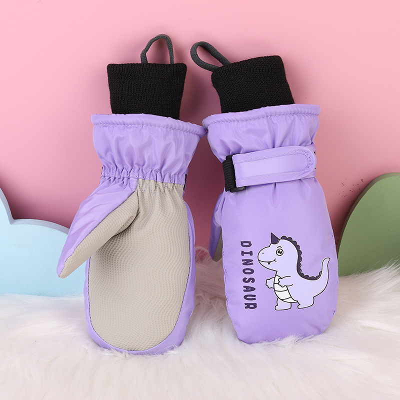Invierno niños juegan nieve impermeable, calentamiento y espessado y dedos para esquiar dibujos animados dinosaurios guantes antideslizantes lindos