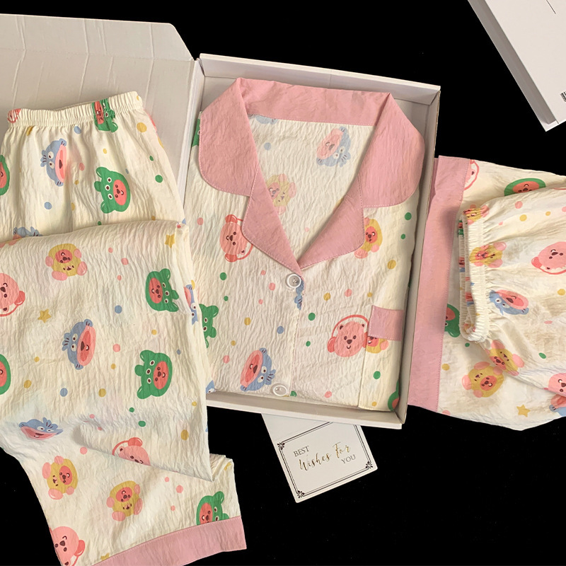 Cartoon Cute Ruby Little Beaver Cloud Cotton Pajamas Women's Summer Short-sleeved Home Clothes 2024 New Three-piece Set