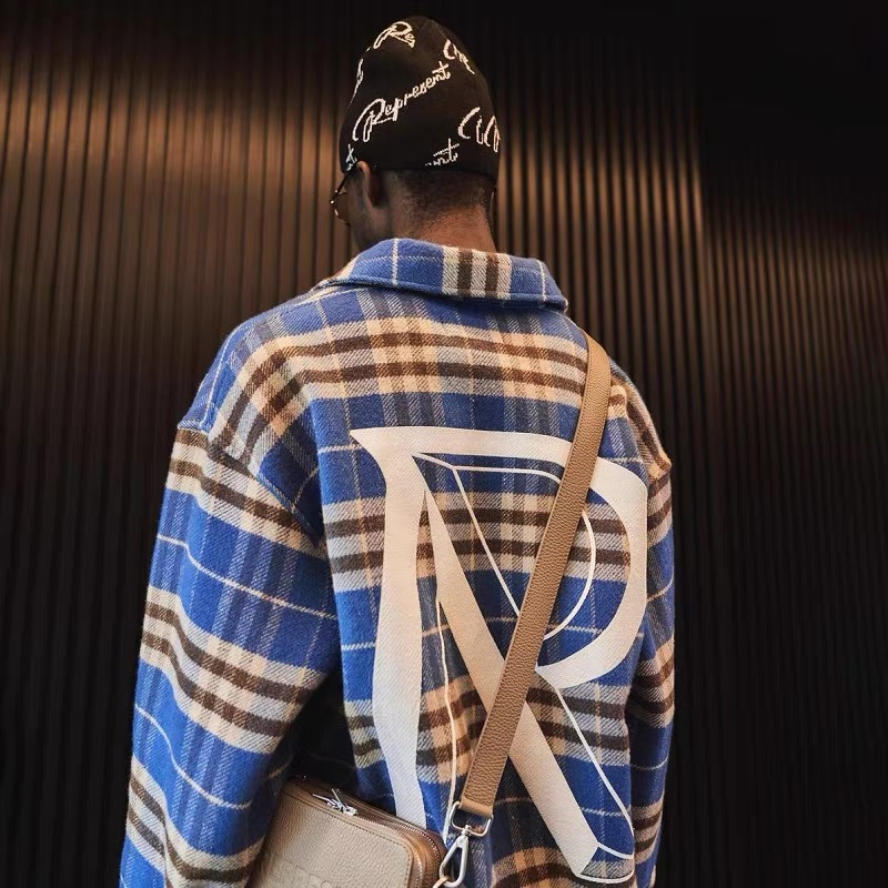 REPRESENTAR REP azul a cuadros de manga larga camisa Americana los hombres y las mujeres la misma letra R impreso Top otoño moda