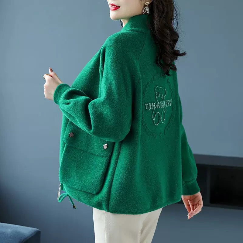 毛呢加厚外套女秋款毛呢大衣秋冬款时尚拉链立领宽松百搭开衫外套