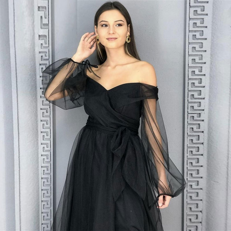 El comercio exterior de Europa y América Amazon AliExpress deseo de las Mujeres Nuevo cuello en V fuera del hombro vestido de noche negro malla de manga larga