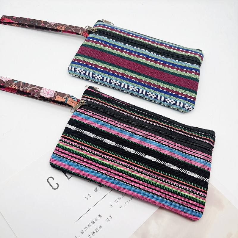 Ethnic style canvas coin purse ladies mobile phone bag fashion simple wrist bag double zipper stripe key bag manufacturers Ethnic style canvas coin purse ladies mobile phone bag fashion simple wrist bag double zipper stripe key bag manufacturers