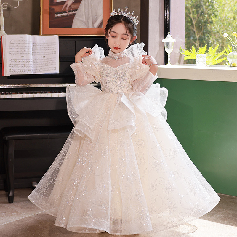 Prinzessinnenkleid für Mädchen, langärmelig, aus Baumwolle und Polyester, ideal für Blumenmädchen, Hochzeiten, Modenschauen, Klavierauftritte, geeignet für Kinder von 0-24 Monaten_voghion.com