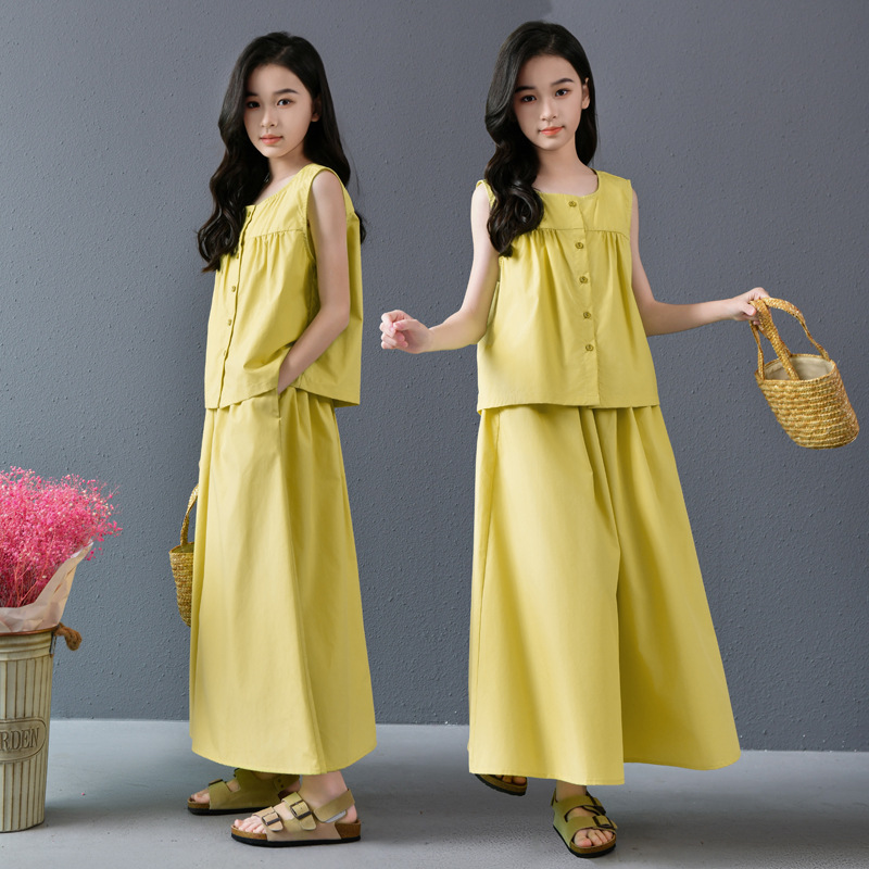 Traje para niñas verano fresco sin mangas pantalones anchos traje de dos piezas para niños grandes traje de pantalones cortos literarios para mujeres Tiansi Cotton