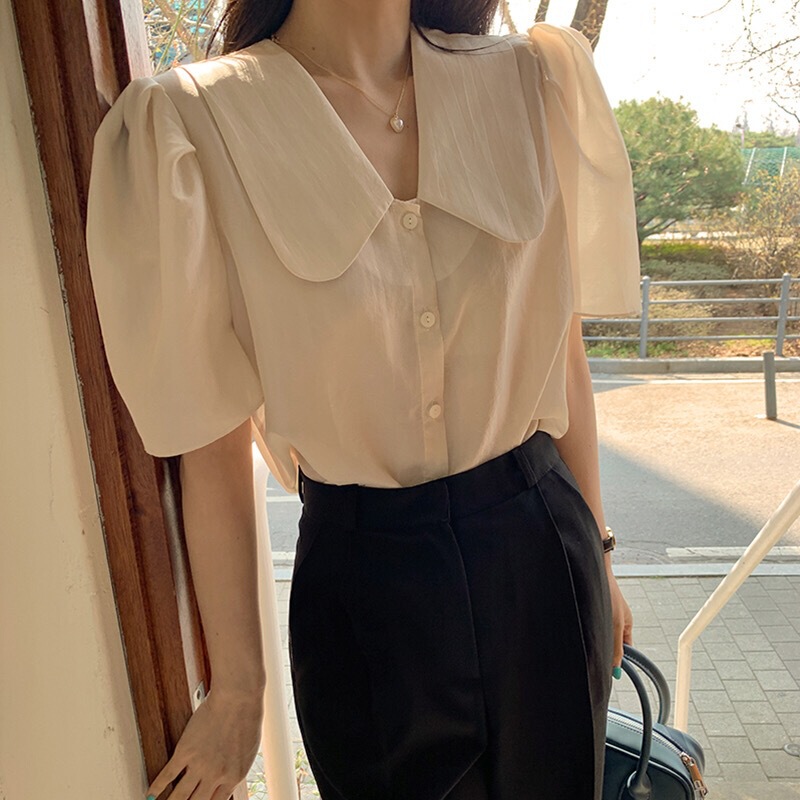 South Korea chic1688 versatile simple cute doll collar puff sleeve single-breasted solid color loose short sleeve shirt for women