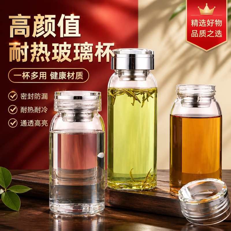 High-temperature resistant glass cup, large-capacity portable water cup for men and women, office tea cup with tea-water separation High-temperature resistant glass cup, large-capacity portable water cup for men and women, office tea cup with tea-water separation