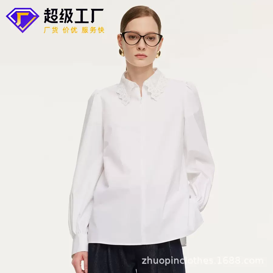 定制简约优雅蕾丝领压褶设计衬衫复古泡泡袖半开襟学院风百搭衬衫