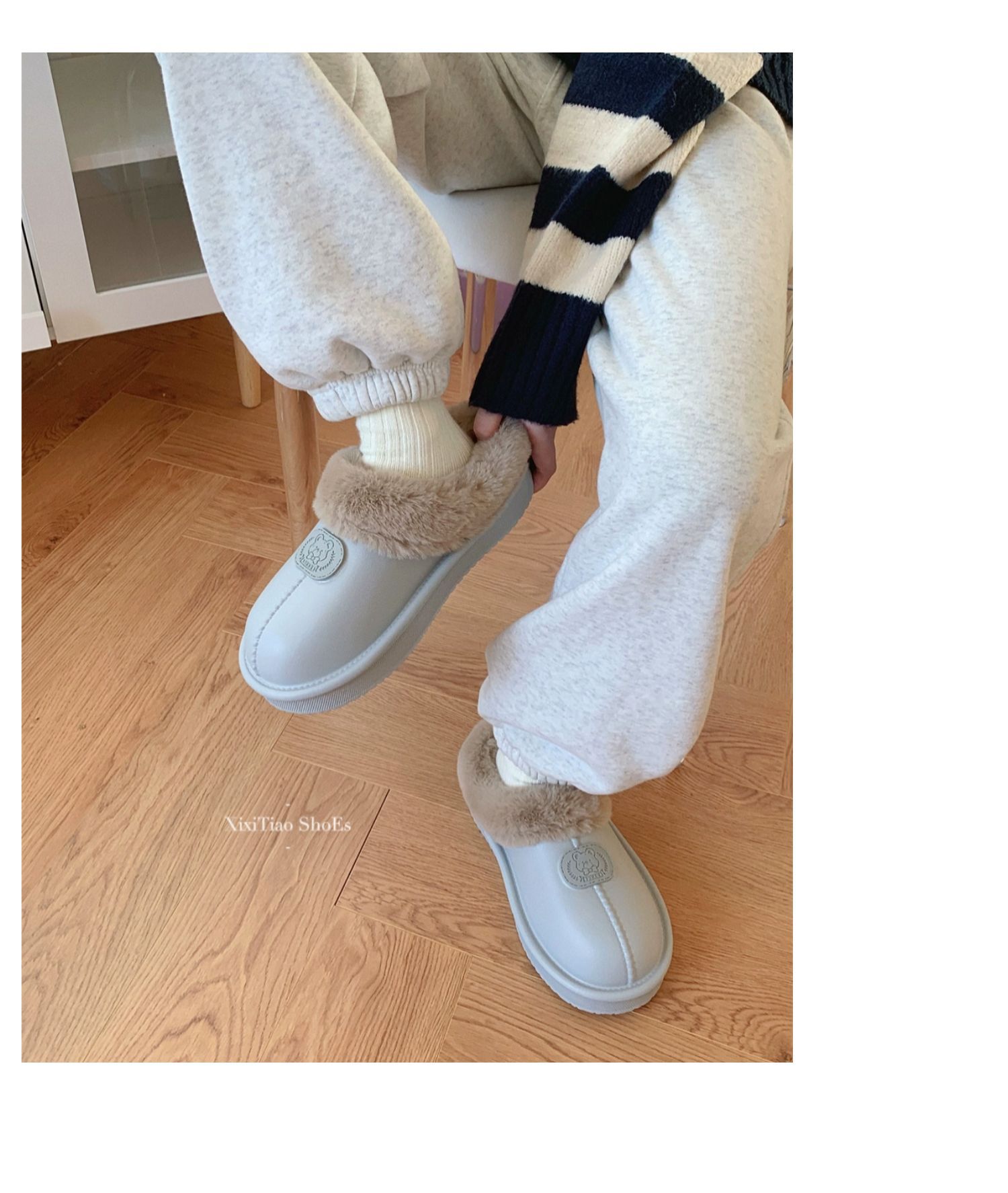 Korėjietiško stiliaus madingi drabužiai viduje ir lauke su pašiltinimu ir patogiomis medvilninėmis šlepetėmis, pliušiniu minkštu padu, paprasti_voghion.com