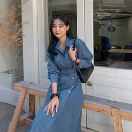 韩国chic春季新款复古翻领侧边斜扣收腰显瘦长款水洗牛仔连衣裙女