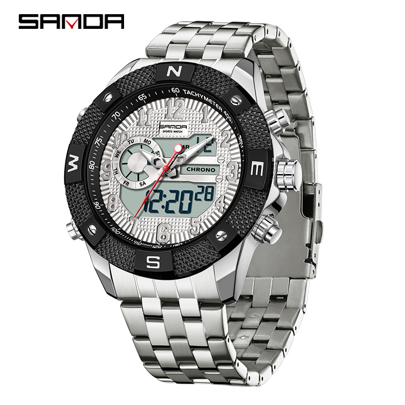 SANDA SANDA3308 nuevo reloj de pulsera electrónico con correa de acero, personalidad, creatividad, despertador multifuncional, reloj de luz nocturna