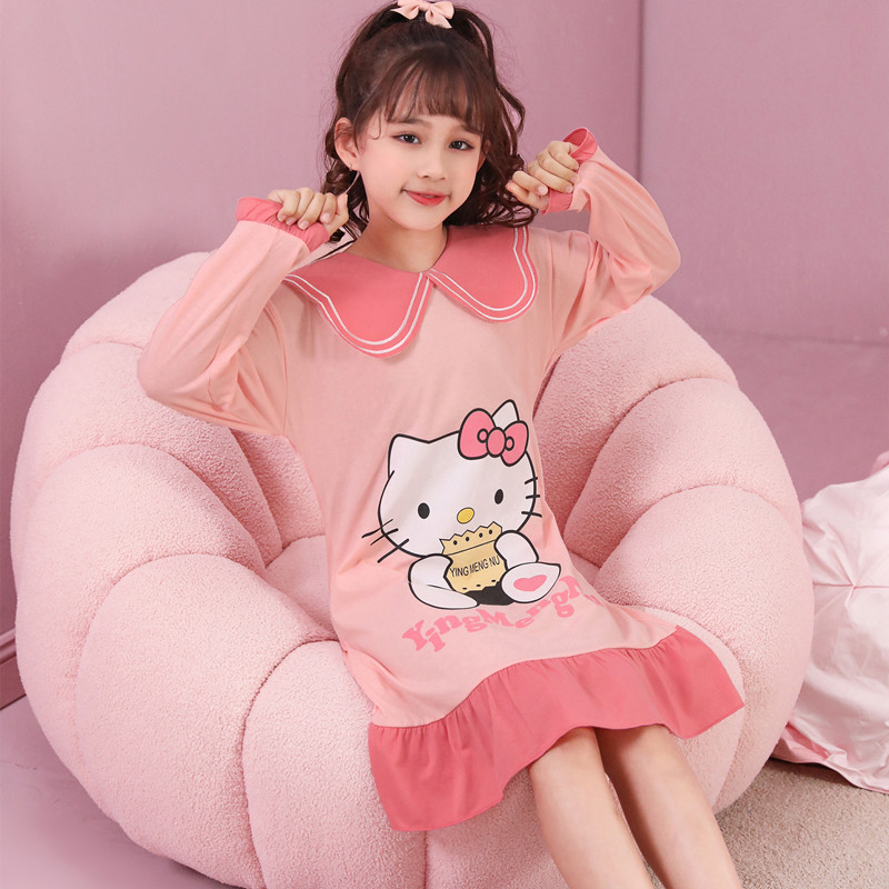 Camisón para niñas primavera y otoño nuevo estilo manga larga color sólido algodón dibujos animados Mella Ti niño grande bebé princesa pijama para niños