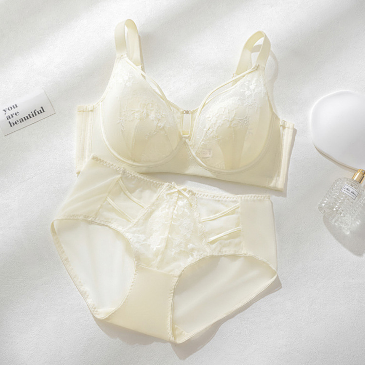 6616 Sujetador de encaje sexy con anillo de acero suave francés, orejas de conejo ligeras, pechos grandes, memoria pequeña, ropa interior ajustable de titanio