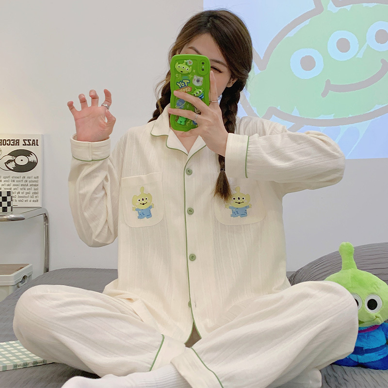 Pijamas simples frescos de las mujeres de algodón peinado Jacquard de otoño e invierno de manga larga cardigan linda chica dulce traje de desgaste para el hogar