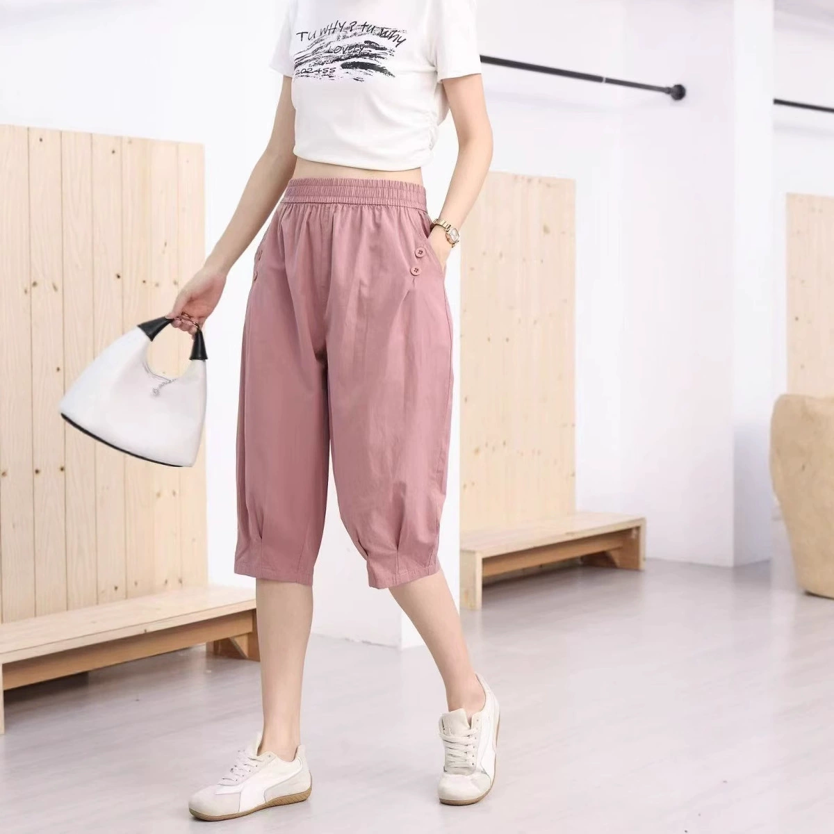 Новые модные летние тонкие шаровары, укороченные брюки, женские летние тонкие универсальные эластичные брюки с высокой талией, женские брюки