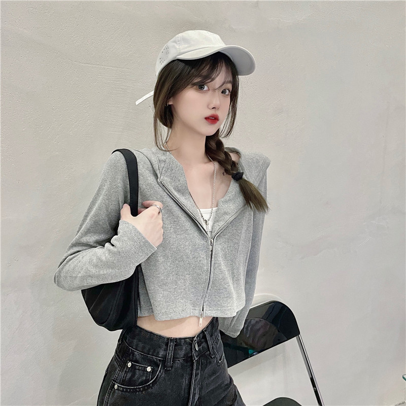 Chaqueta Corta con Capucha y Cremallera de Manga Larga para Mujer, Estilo Coreano, Holgada, Informal, para Estudiantes, Otoño/Invierno 2025